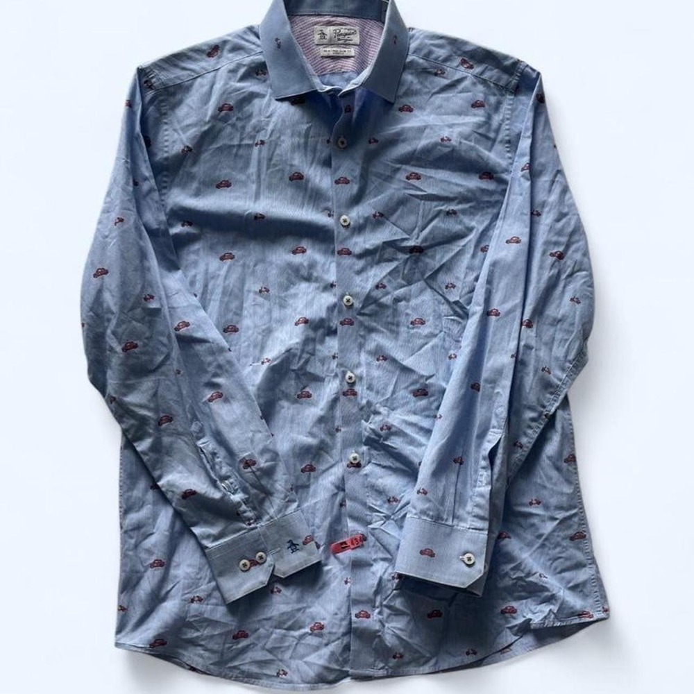 Blue cotton button up shirt with red car print size 16 by Original Penguin